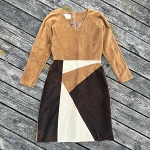 Vintage Margaret Godfrey Patchwork Leather Dress Long Sleeve Lined Sz 12